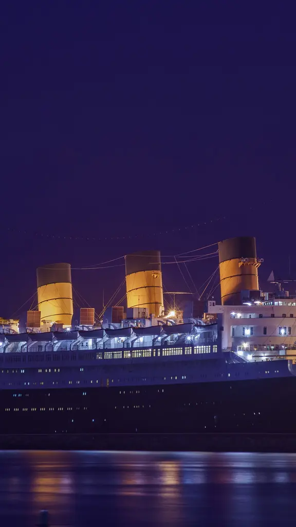 Night view of the RMS Queen Mary, Long Beach, California, United States