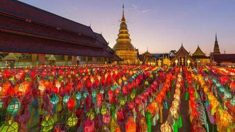 Colourful lanterns at the temple of Wat Phra That Hariphunchai, Lamphun, Thailand
