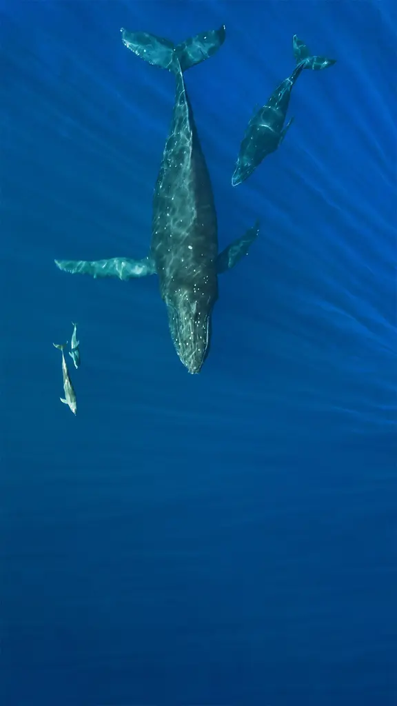在海洋里畅游的座头鲸和海豚，美国夏威夷州