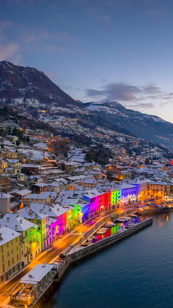 Christmas lights on buildings of Domaso, Lake Como, Italy