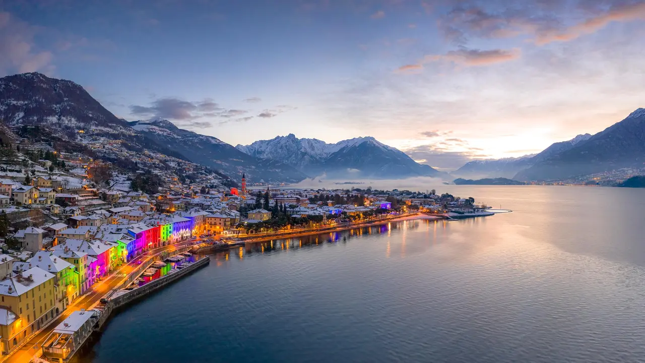 Christmas lights on buildings of Domaso, Lake Como, Italy