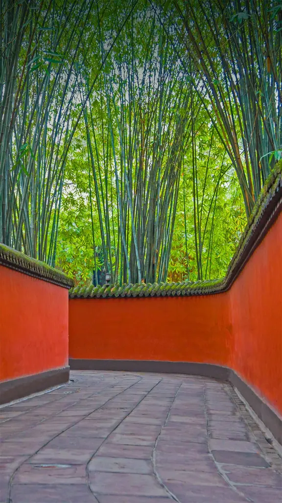 武侯祠内红墙和竹林掩映下的小巷，中国成都